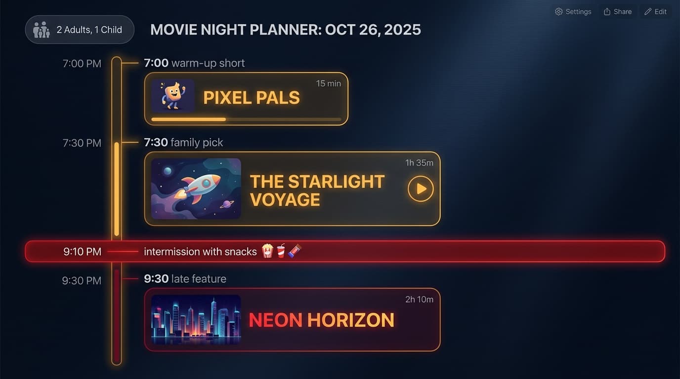 Reelist movie-night planner timeline with warm-up, feature, intermission and late film