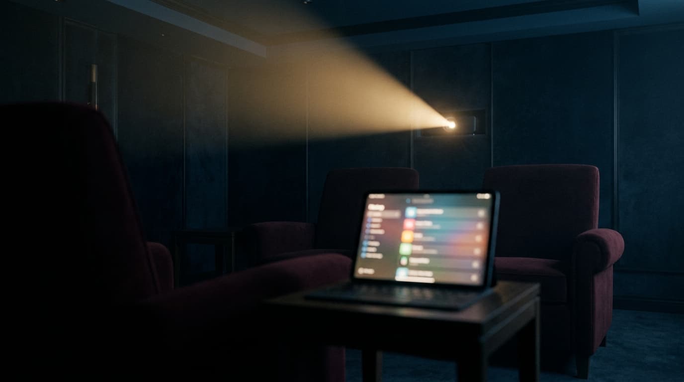 A dim home cinema with a projector beam and a tablet showing a watchlist
